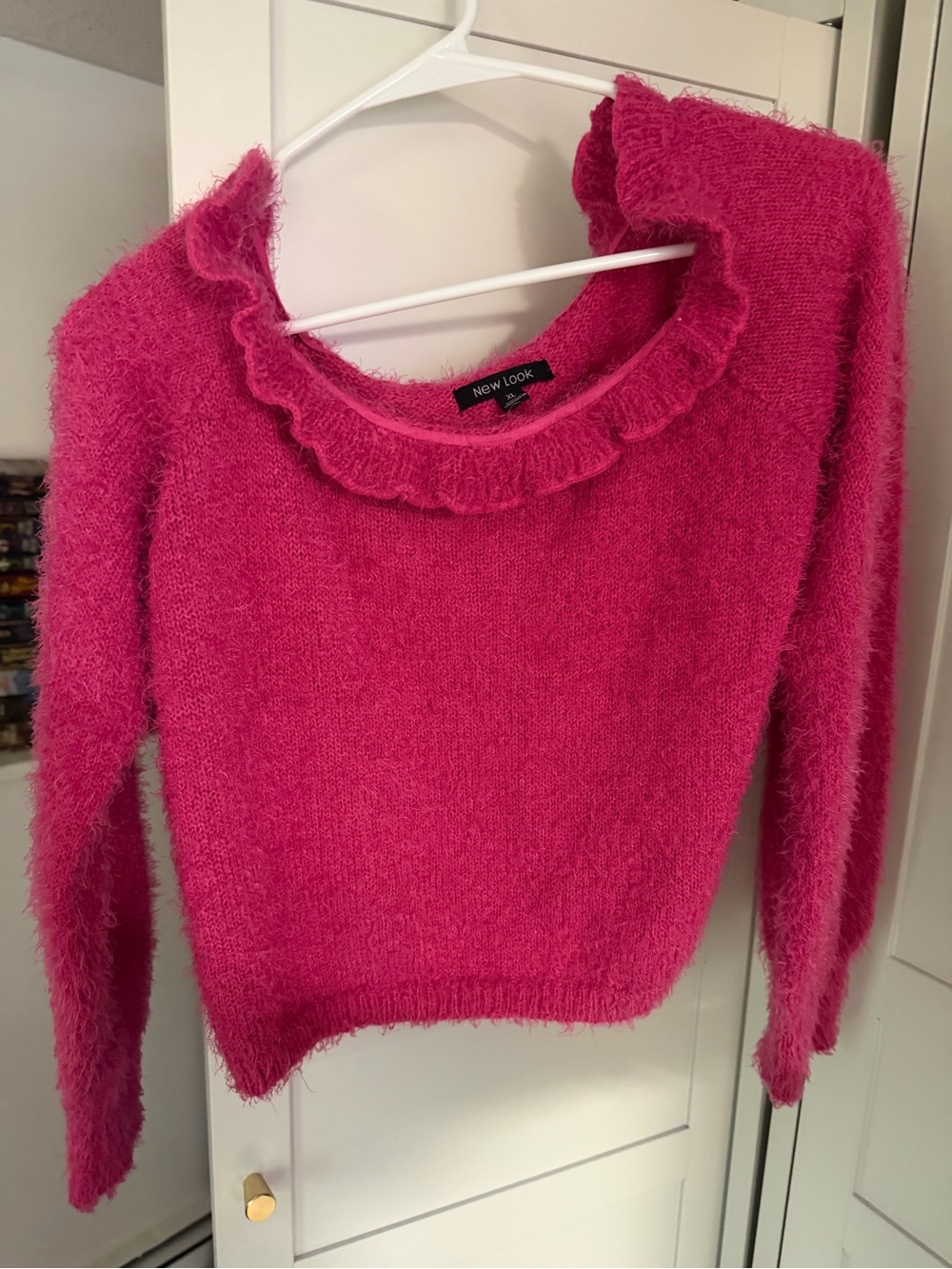 New Look Fuchsia Ruffle-Neck Fuzzy Sweater - Size XL